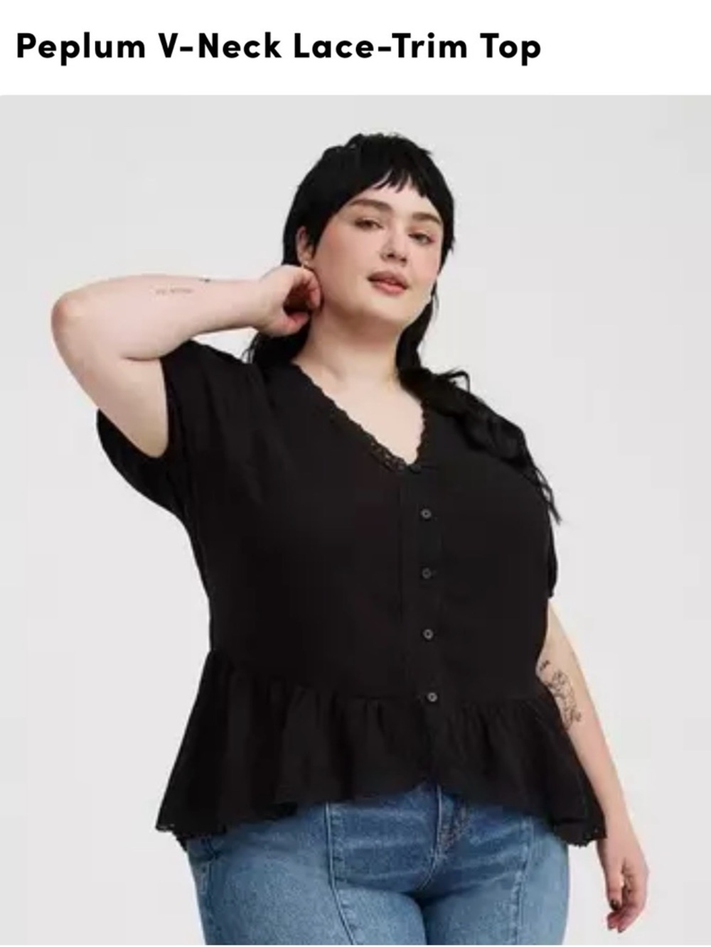 Torrid Black Peplum V-Neck Top with Lace Trim
